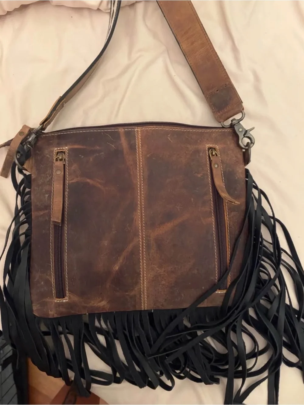 Howdy Fringe Cowhide Crossbody Bag - Pink Accents